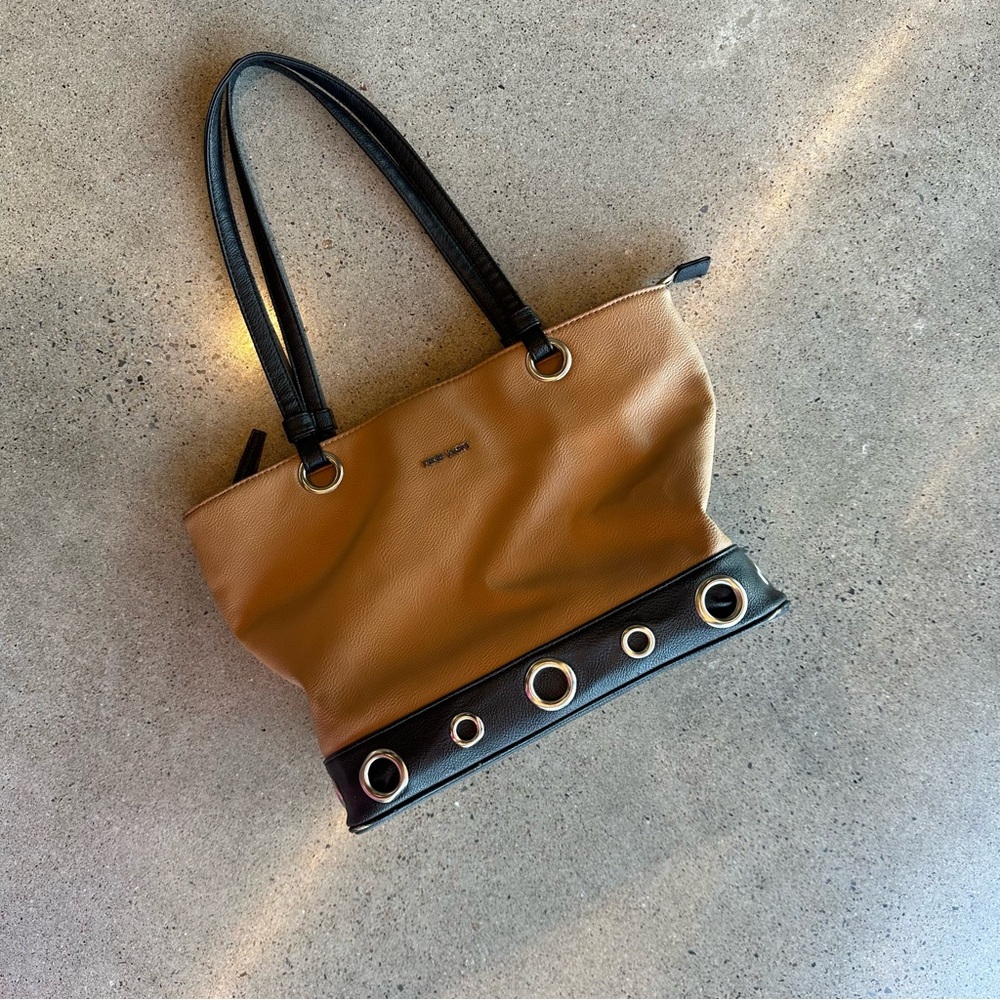 Tan and Black Tote Bag with Silver Eyelets
